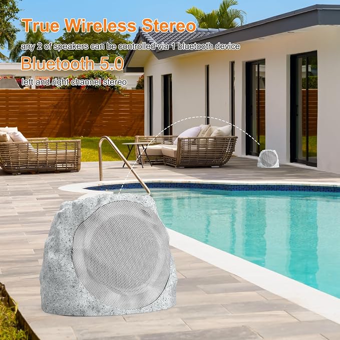 Outdoor Speakers Solar Powered & USB-C Rechargeable, Rock Speakers TWS Pairing Wireless Outdoor Speaker Bluetooth 5.4, LED Light Show, Waterproof, ideal for Backyard BBQ, Garden, Poolside (2-Pc,Grey)