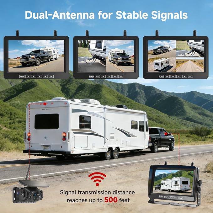 Magnetic Wireless Backup Camera with 7" 1080P 4CH Monitor for Truck | 15000mAh Battery Solar Powered Waterproof Reverse camera, DVR Recording, 500ft Range for Horse Trailer RV Pickup Tractor Boat