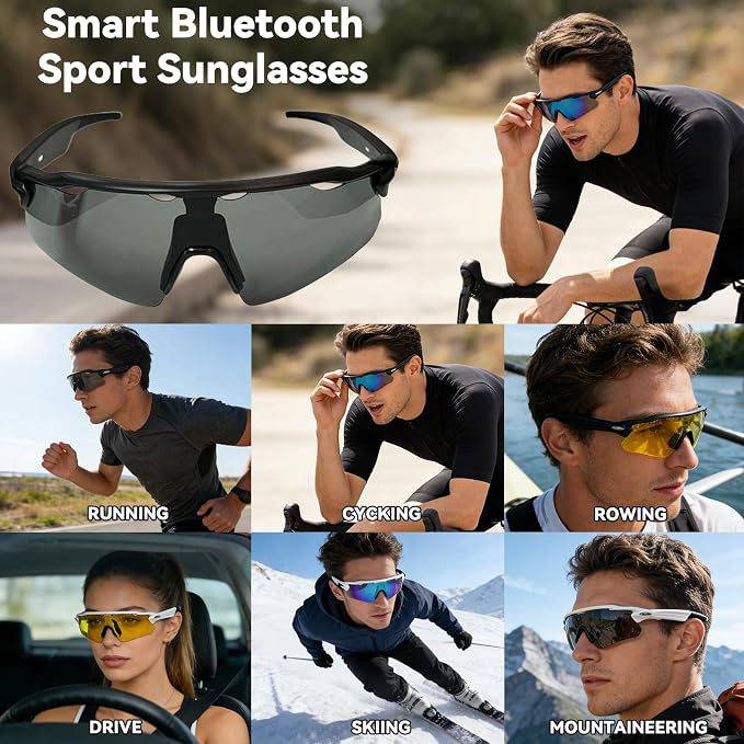 Bluetooth Smart Sunglasses for Men Women, Open-Ear Speaker Glasses with Touch Control, UV400 Polarized Lens, 5-6H Playtime for Outdoor Sports,Black and Grey