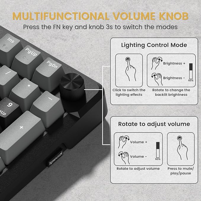 Redragon K742 Wireless Mechanical Gaming Keyboard with Knob, Bluetooth 5.0/2.4GHz/USB C Wired Creamy Keyboard with Number Pad for PC Computer, RGB Backlits, Hot-Swappable with Linear Switches (Black)