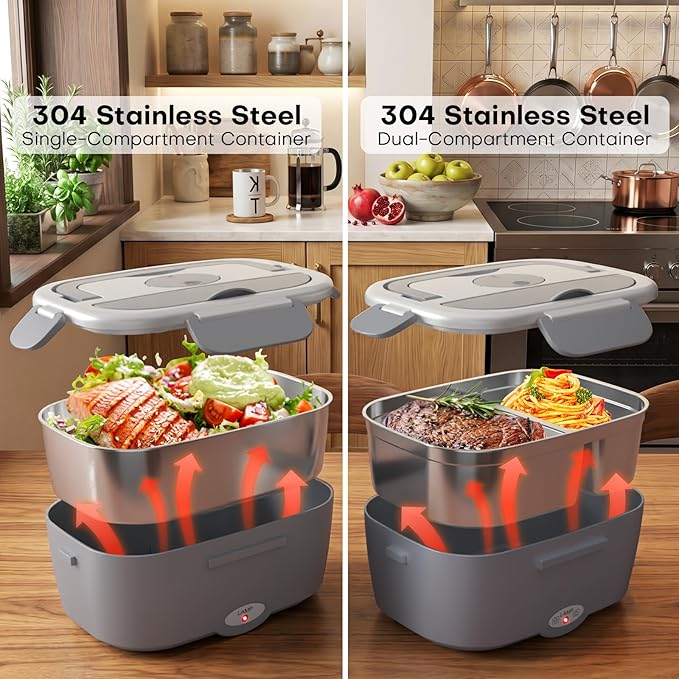 Sitlais Electric Lunch Box for Adults - Fast Heating Portable Food Warmer with 2 of 53oz 304 Stainless Steel Containers 12V/24V/110V Heated Lunch Box for Men&Women Work Office Truck Travel lonchera