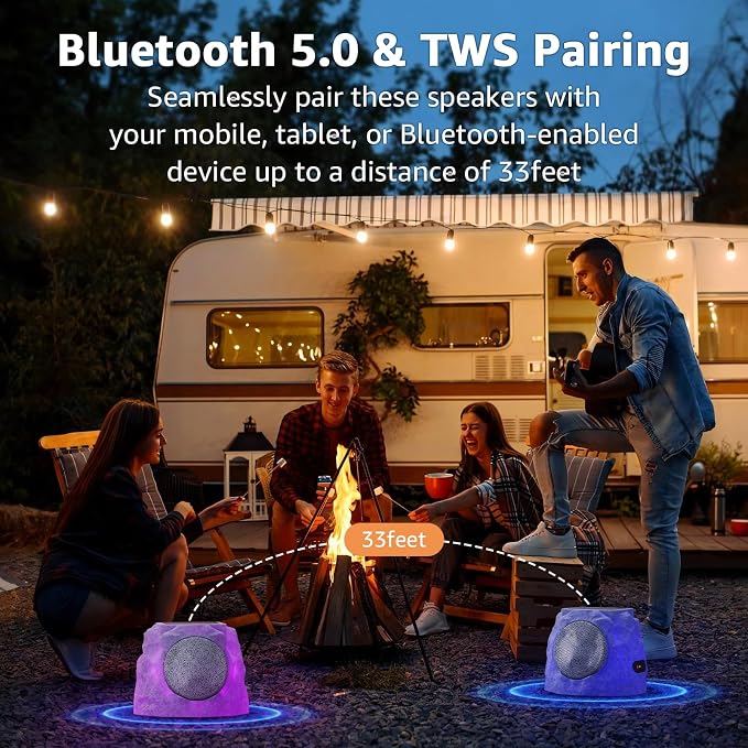 uuffoo 2-Pack Outdoor Rock Speakers Waterproof Patio with Lights Color,Multi-Sync Up to 100 Speakers&TWS Pair,Solar Powered and USB Rechargeable for Pool Party Yard Garden Outside