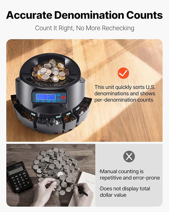 VEVOR USD Coin Counter with LCD Display, Precise Coin Counting and Sorter Machine - Sorts up to 300 Coins/min into Coin Wrappers, Compact Digital Change Counter Included 5 Coin Bins & 5 Tubes