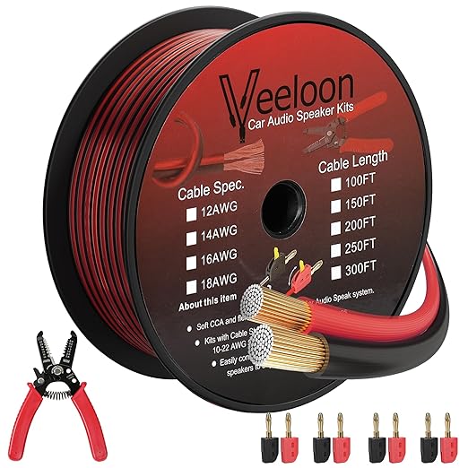 16AWG Speaker Wire 100 FT, 16/2 Gauge Audio Speaker Wire Kits with Cable Cutter Banana Plugs Tool, Polarity Marker, 2 Conductors Zipper Wire for Car Speakers Stereo, Home Theater, Surround Sound,CCA