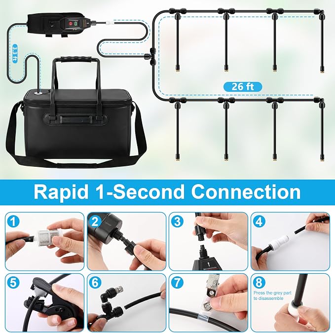 6 Gallon Portable Misting System, 30FT Cooling Misters with Water Mister Pump Foldable Bucket 8 Mist Nozzles for Outdoor Patios, Golf Carts, Greenhouses, Canopy, Camping, Hiking(Black)