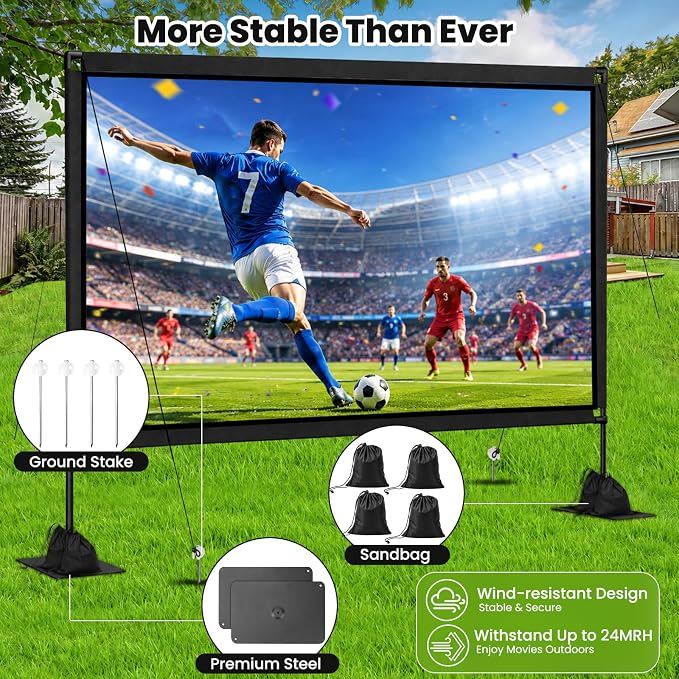 120 inch Projector Screen with Stand, 16:9 4K HD Portable Outdoor Indoor Movie Screen, Lightweight Projection Screen with Carry Bag & Sandbag for Backyard, Home Theater, Camping