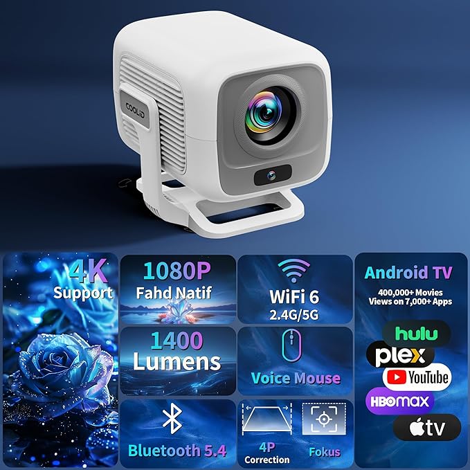 [Auto Focus & 2026 Upgraded] Mini Projector 1080P FHD Support 4K Portable Projector with WiFi6 and Bluetooth5.4 Built-in App 180° Adjustable Auto Keystone, Compatible with HDMI/Laptop/USB, White