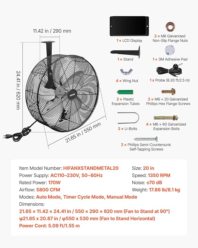 VEVOR Greenhouse Air Circulation Fan, 5800 CFM Powerful Air Circulator Electric Fan, 10 Speeds, 3 Switchable Modes, LCD Control, Ceiling Wall Mount, Fast Ventilation for Greenhouse, Patio, Garage
