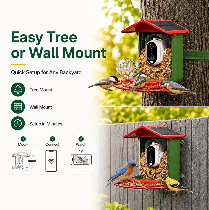 Bird Feeder with Camera, 2K HD 147° Wide Angle, Live View, Solar Powered, IP65 Outdoor, 2.4GHz Wi-Fi, Night Vision, Motion Alerts, Local Storage, AI Bird ID 10,000+ Species, Family Sharing