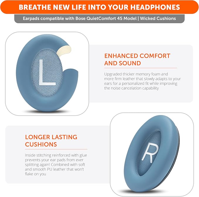 WC PadZ QC45 - Earpads for Bose QuietComfort 45 / QuietComfort Se/QuietComfort Wireless, Made by Wicked Cushions | Extra Thick Cushion | Premium Durable Stitching | Blue Dusk