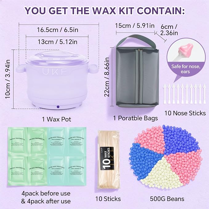 UKF Home Waxing Kit with Hard Wax Beans Complete Hair Removal System with Electric Wax Warmer, Nose & Body Applicators, Pre & Post Care Wipes Gentle Root Level Depilatory for Full Body，Purple
