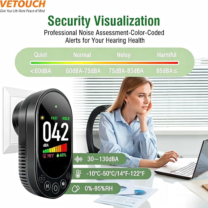 Plug-in Noise Meter Digital Sound Level, 3 in 1 Decibel Meter with Temp Humidity, 30-130dB Portable SPL, AC Powered, Data Hold, Max Min, Fast/Slow, 1.83" LCD, Meter for Home RV