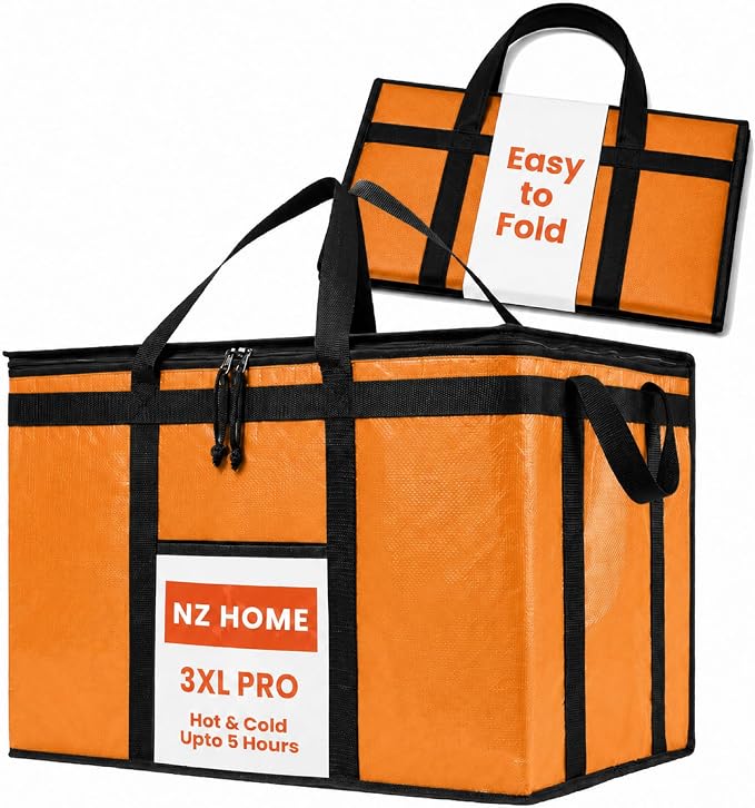 NZ home Insulated Bags for Food Delivery (3XL PRO) Grocery Shopping Cooler Bag, Pizza Delivery, Hot & Cold Catering Tote, Reusable, Foldable & Heavy Duty (Orange)