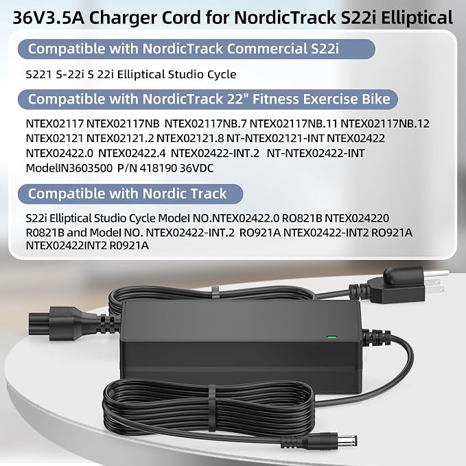 36V Adapter Charger for NordicTrack Commercial S22i Elliptical Studio Cycle, AC Power Supply for NordicTrack NTEX02117 NTEX02117NB NTEX02121 NTEX02422 22" Fitness Bike IN3603500 418190
