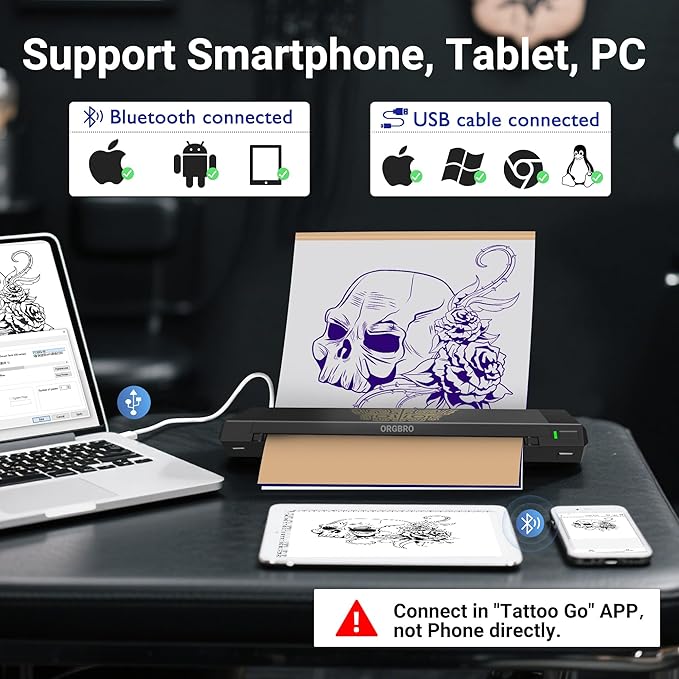 ORGBRO Tattoo Stencil Printer, X8 Thermal Tattoo Transfer Printer with 30pcs Transfer Paper, A4/A5/A6 3-in-1 Wireless Tattoo Machine for Tattoo Artists & Beginners, Compatible with Phone/Tablet/PC