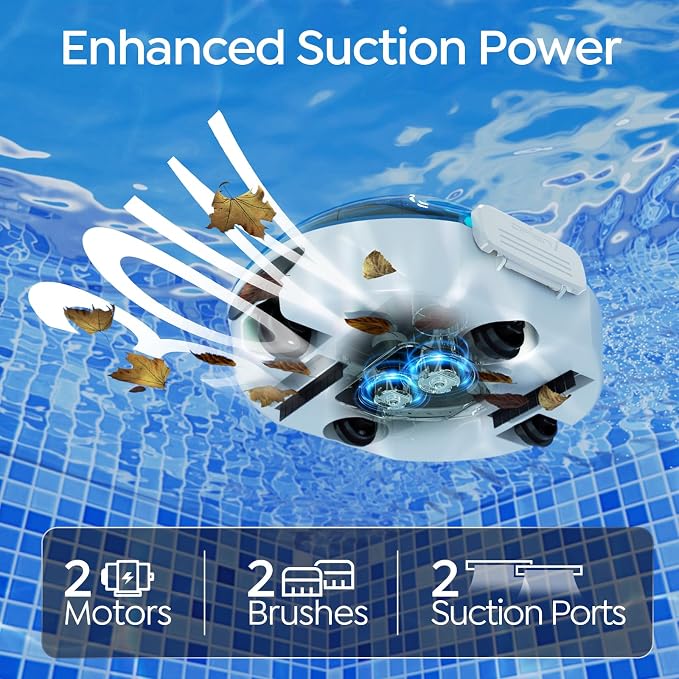 S2 Automatic Pool Vacuum for Above Ground Pools, Cordless Robotic Pool Cleaner with Dual-Motor Cleaning System, 90-Min Runtime, Efficient Debris Pickup and Quick Drain Design(Transparent Blue)