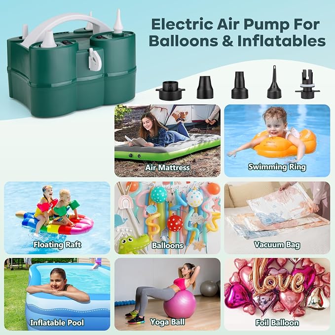 Voircoloria Balloon Pump Electric, 3-in-1 Portable Automatic Dual Nozzle Inflator 110V with Tying Tools for Birthday Gender Reveal Baby Shower Balloons Party Decorations(Green)