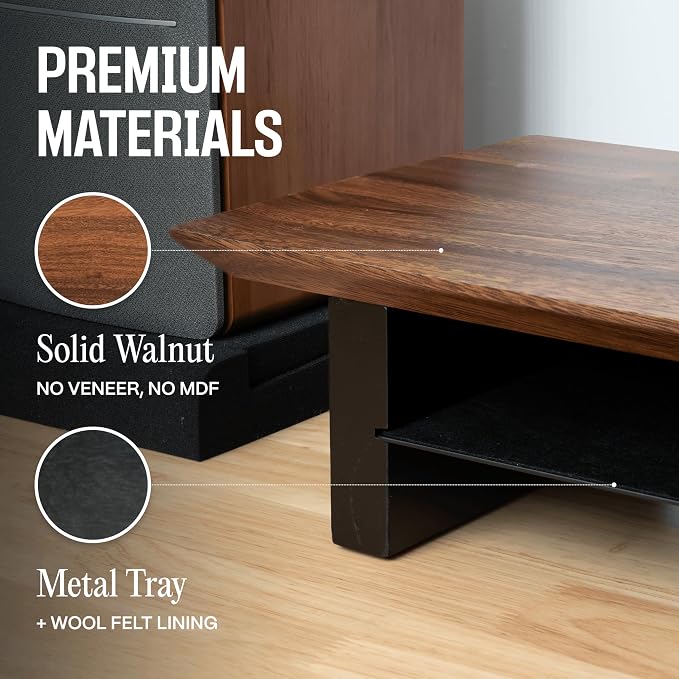 COREMINDED Solid Wood Dual Monitor Stand Riser – 42" Walnut Desk Shelf for 2 Monitors with Tray & Wool Felt, Organizer for Desktop, Laptop and Office (Walnut)