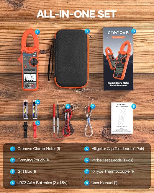 Crenova Clamp Meter Multimeter 6000 Counts TRMS Electrical Tester for AC/DC Current/Voltage,Resistance,Capacitance,Frequency,Duty Cycle,Temperature,Continuity,Diode,NCV for Industrial & Home Use