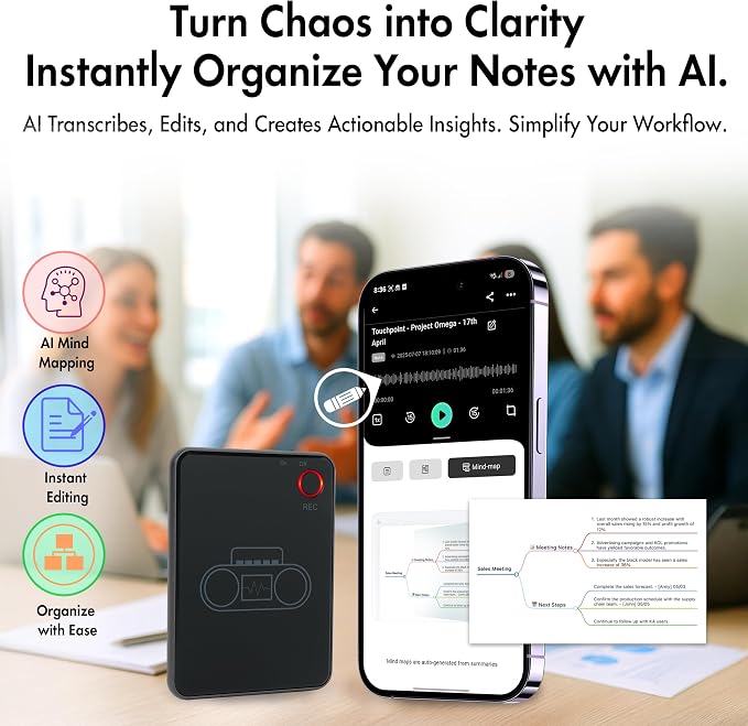 LIMU AI Voice Recorder with App Control - 13h Recording Device, 64GB AI Note Taking Device - GPT 5 Translation, Summaries & Mind Maps (125 Languages), 400 Min/Month, Audio Recorder with Transcription