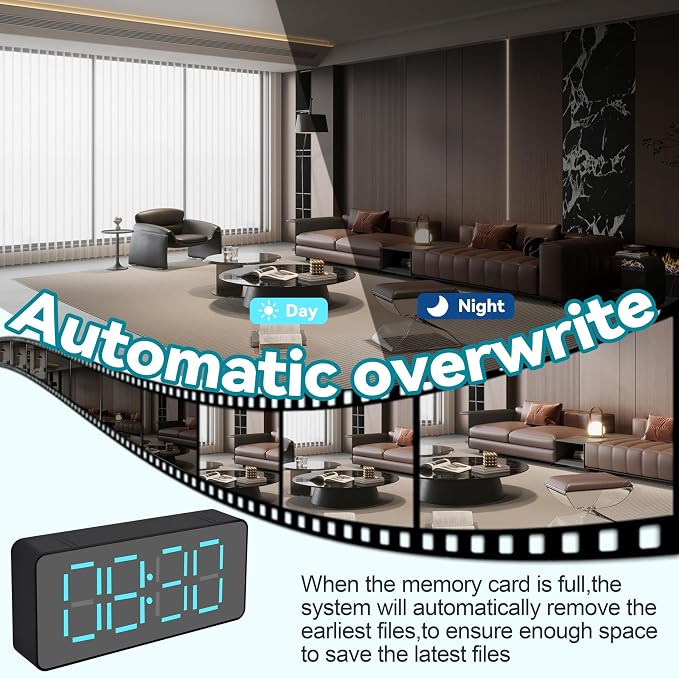 1080P HD WiFi Clock Hidden Camera, Indoor Security Camera with Night Vision, 24-Hour Digital Display, App Remote Viewing, SD Card Storage, No Audio Recording