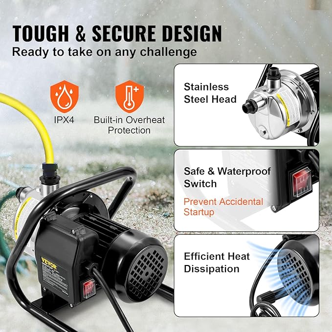 VEVOR Shallow Well Pump,Garden Jet Pump, 1.5 HP 115V, 1200 GPH 164 ft Height, Stainless Steel Sprinkler Booster Jet Pumps for Garden Lawn Irrigation system, Lake Fountain, Water Transfer
