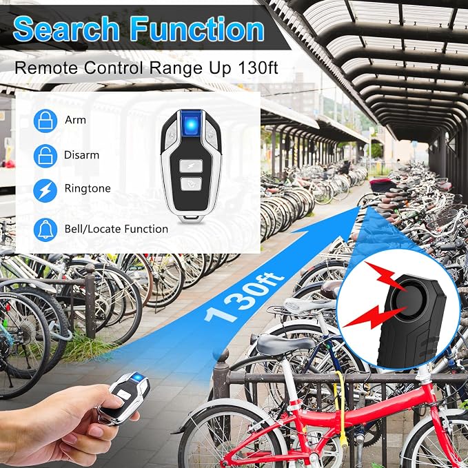 Bike Alarm with 2Remotes, USUPERINK 113dB Bike Alarm Wireless Vibration Motion Sensor for Electric Bike Motorcycle Golf Car Trailer Mailbox Garage Door IP65 Waterproof Home Security Bike Accessories