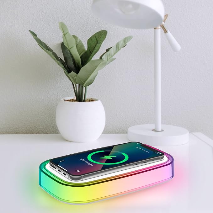 Westclox Wireless Charging Pad with Fast 15 Watt Wireless Charging, RGB Color Changing Light with 6 Modes, Adjustable Brightness, Slim Compact Design, USB C Powered Charging Pad for Home or Office