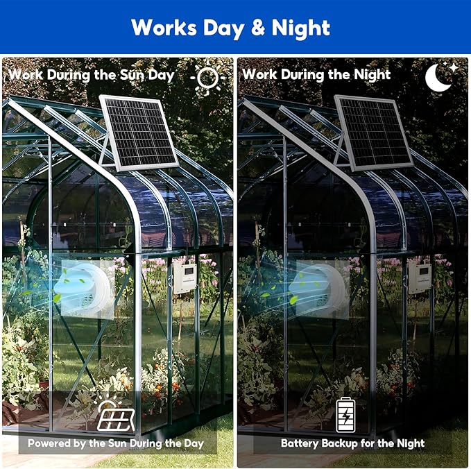 Solar Powered Fan with Battery,20W Solar Panel Weatherproof+ 8'' Solar Exhaust Fan with 9.84Ft On/Off Cable for Greenhouse Circulation, Chicken Coop, Shed, Pet Houses, Ventilation