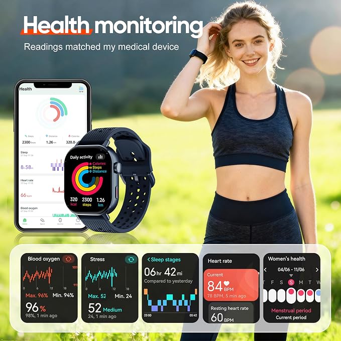 2026 Distance & Pace GPS Running Watch for Runners - Call & Text, AMOLED Large Screen, 50m Waterproof Swimming, Calorie & Step Counter, 2 Bands, Long Battery, for Seniors Men Women（Blue）