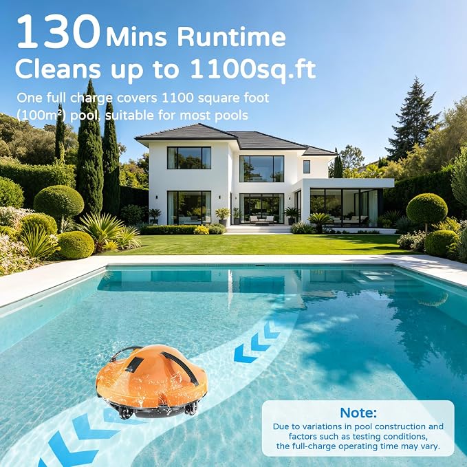 2026 New Cordless Robot Pool Vacuum, Automatic Pool Cleaner Robot with Dual-Motor, 130mins Runtime & Auto Parking Robotic Pool Vacuum for Above Ground Pool Up to 1100 Sq.Ft,JQR-V201,Orange