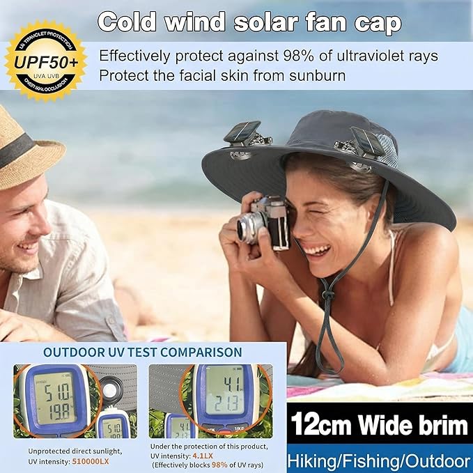 Outdoor Wide Brim Sun Hat with 2 Solar Powered Fan, Bucket Hat for Men Women, Fishing, Gardening & Beach Hat for Men