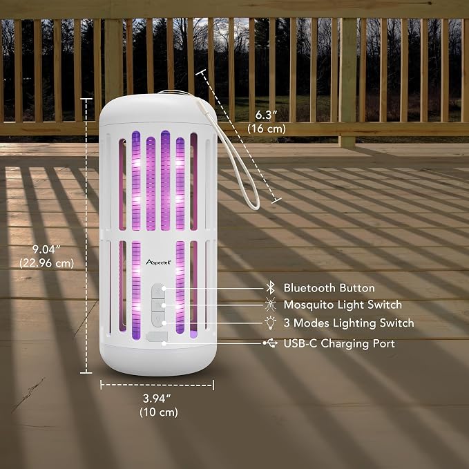 ASPECTEK 3-in-1 Rechargeable Bug Zapper with Bluetooth Speaker and Ambient LED Light, Portable Cordless Mosquito Killer for Patio, Camping and Garden, High-Voltage Electric Insect Control - White