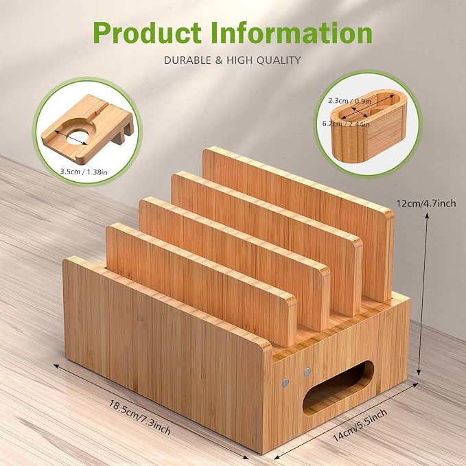 Pezin & Hulin Bamboo Charging Station for Multiple Devices with 5 Port USB Charger, 5 Cables, Watch&Earbuds Stand, Electronic Device Desktop Organizer for Cellphone, Tablet, Watch, Earbuds