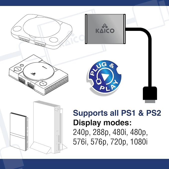 Kaico PS1 HDMI / PS2 AV Cable Compatible with Sony PlayStation & PS2 Models - Switch Between RGB & Component - PS1 & PS2 to HDMI Converter for Any HD TV | Supports RGB and YPbPr component modes for PS1 and PS2 games, with built-in switch, plug-and-play...