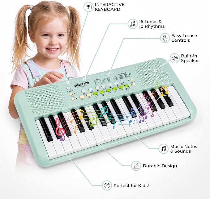 LeeQee 32 Keys Kids Keyboard Piano with Microphone, Double Speakers Toddler Piano Toy for Boys Girls Age 3-6, Portable Educational Musical Instrument, Birthday Gifts (Avocado Green)