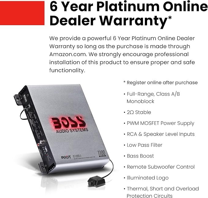 BOSS Audio Systems R1100M-S Monoblock Car Amplifier - 1100 High Output, 2-8 Ohm Stable, Low/High Level Inputs, Low Pass Crossover, MOSFET Power Supply