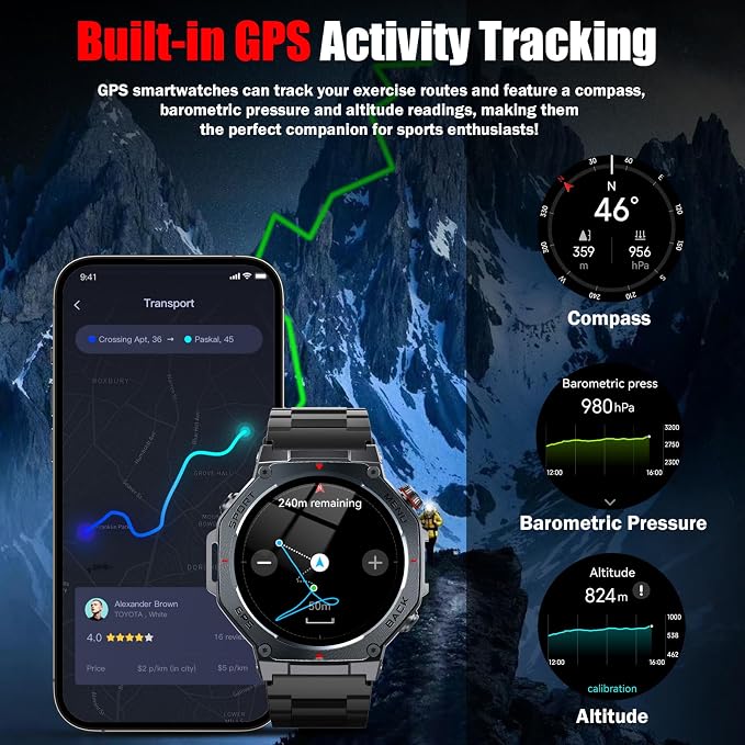 Military Smart Watch for Men with Dual-Band GPS, 5ATM Waterproof, 1.43” AMOLED Fitness Watch, Heart Rate Blood Oxygen Sleep Monitor, 160+ Sport, Bluetooth Calling Smartwatch for Hiking Running Outdoor