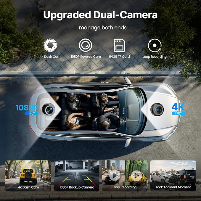 9''HD Carplay Screen for Car 4K Dash Cam&1080P Backup Camera with Apple Carplay&Android Auto Voice Control GPS DVR Call Music Message Mirror Link Airplay/Android Cast Fit Pickup Truck SUV MPV RV