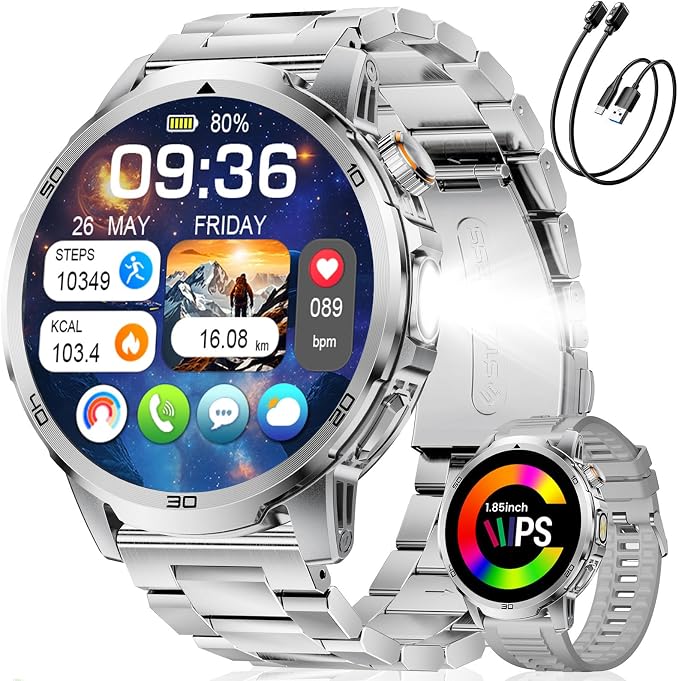Military Smart Watch for Men Answer/Make Call, 1.85'' HD Rugged Smartwatch with 1000mAh Battery/Flashlight/Heart Rate/110+ Sports Mode, IP68 Waterproof Fitness Tracker Watch for Android iPhone