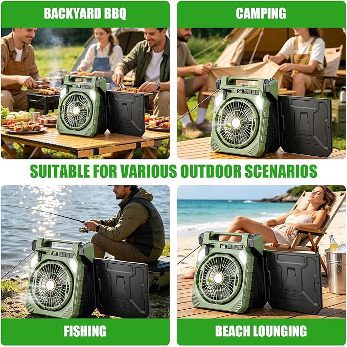 Solar Camping Fan, 25000mAh Dual-Panel Solar Powered Fan with LED Light, Portable Rechargeable Fan with 4 Speeds, 3-in-1 Multi-Function for Camping, Home, Travel & Outdoor Use