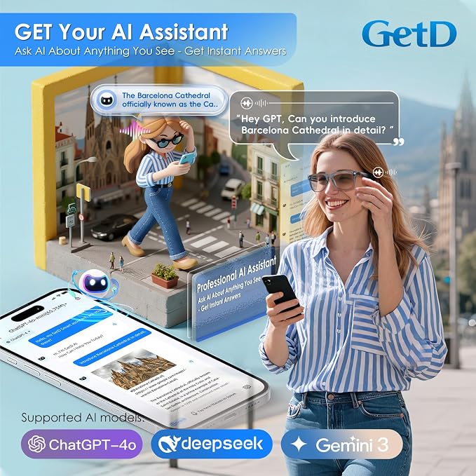 GetD AI Glasses for Men & Women, Smart Glass Powered by ChatGPT, AI Real-time Translation with 145 Languages, 11H Music Play, Bluetooth Glasses with Anti-Blue Light Lens for Daily Use, Travel