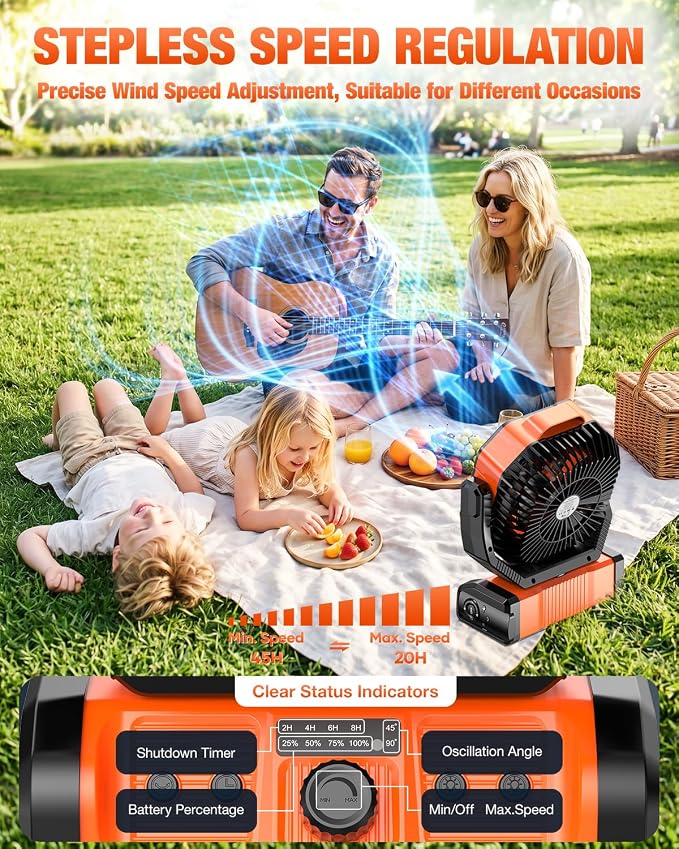 kejector Camping Fan 24000mAh Rechargeable Battery- Dual Motor & 8 Blades, Step-less Speed, Remote & Timer, Auto Swivel, 6 LED Light Modes, Hanging/Stand Anti‑Drop for Outdoor, Camping, Tent, Home