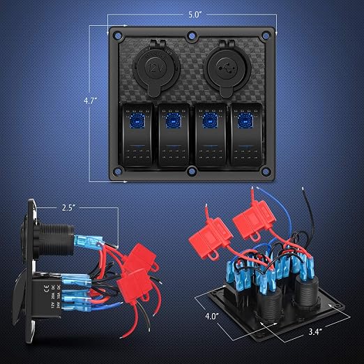 Nilight - 90107D 4 Gang Rocker Switch Panel Waterproof Pre-wired Switch Panel with USB Charger & Power Socket and Fuse DC 12V 24V Rocker Switch Panel for Car Rv Vehicles Trucks,2 Years Warranty