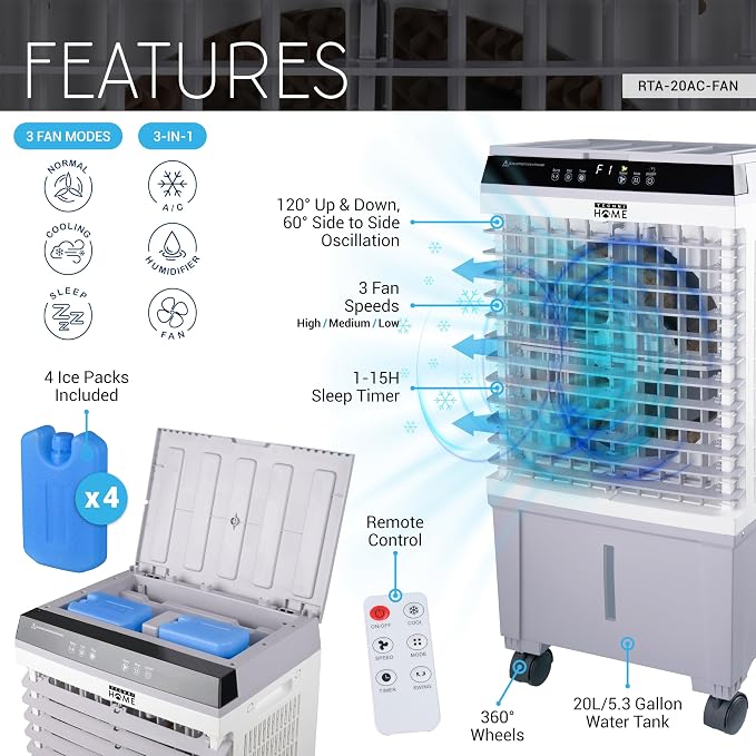 3-in-1 Portable Evaporative Air Cooler, Air Conditioner, Humidifier, 3 Speed Fan, Swamp Cooler with 5.3 Gal Tank, 4 Ice Packs, Remote, 12H Timer, 120° Oscillation for Home | 3-speed swamp cooler, 5.3 Gal tank, 4 ice packs, remote control, 12H timer, 12...