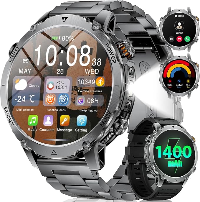 LIGE Military Smart Watch for Men, 1400mAh 60-Days Battery, 1.85" HD Smartwatch with LED Flashlight, 100+ Sports Mode, IP68 Waterproof, Pedometer, Fitness Watch for Android iOS