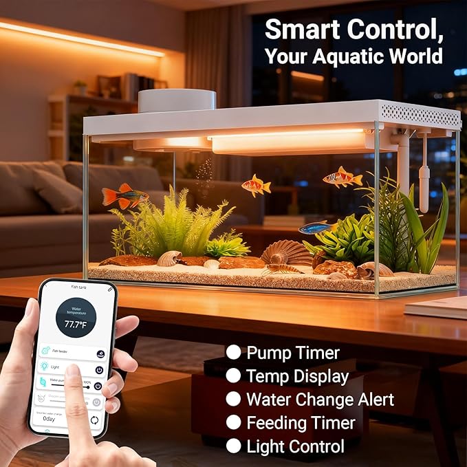 Smart Desktop Aquarium Kit with App Control - 1.3 Gal Small Fish Tank with Automatic Feeder, HD Glass, RGB Lighting, & Temperature Monitor - Self-Cleaning Filtration System for Betta, Guppy