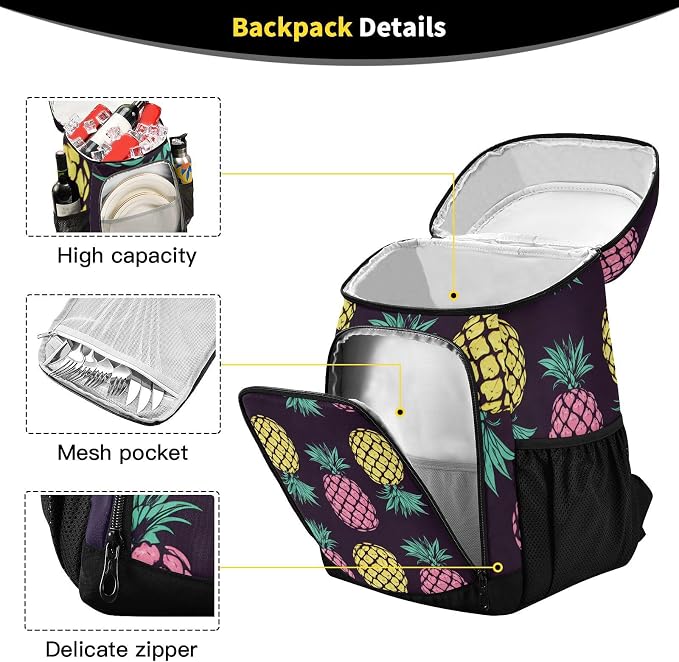Tropical Pineapples Fruits Cooler Backpack Insulated Leak Proof Beach Cooler Bag Soft Lunch Picnic Hiking Camping Backpack Cooler