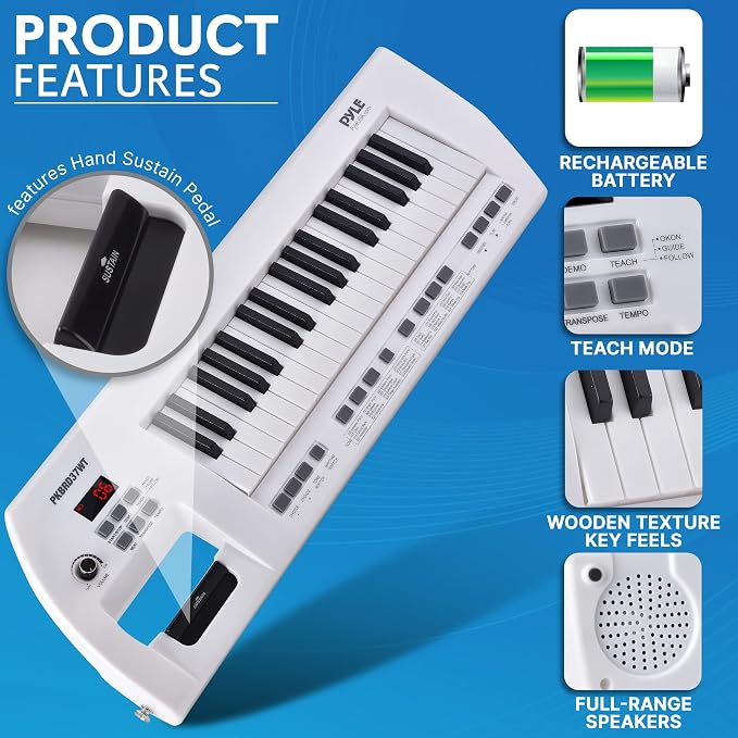 Pyle 37 Key Portable Piano Keyboard, Compact Electronic Piano with Built-in Speakers, Wired Mic, Rechargeable Battery & Strap, Digital Musical Keyboard for Beginners, Travel, and Karaoke Fun