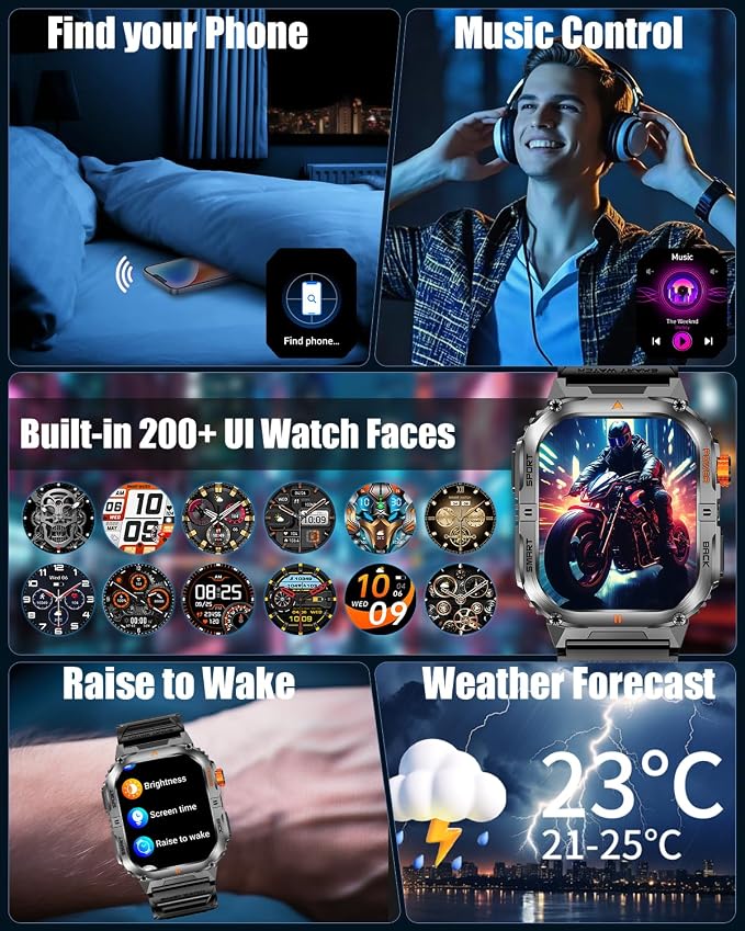 Military Smarty Watch for Men, 2.01" Smartwatch with 1200mAh Battery, Flashlight, Answer/Make Calls, Heart Rate/Sleep Monitor 100+ Sport Modes Fitness Tracker for Android/iPhone (002)
